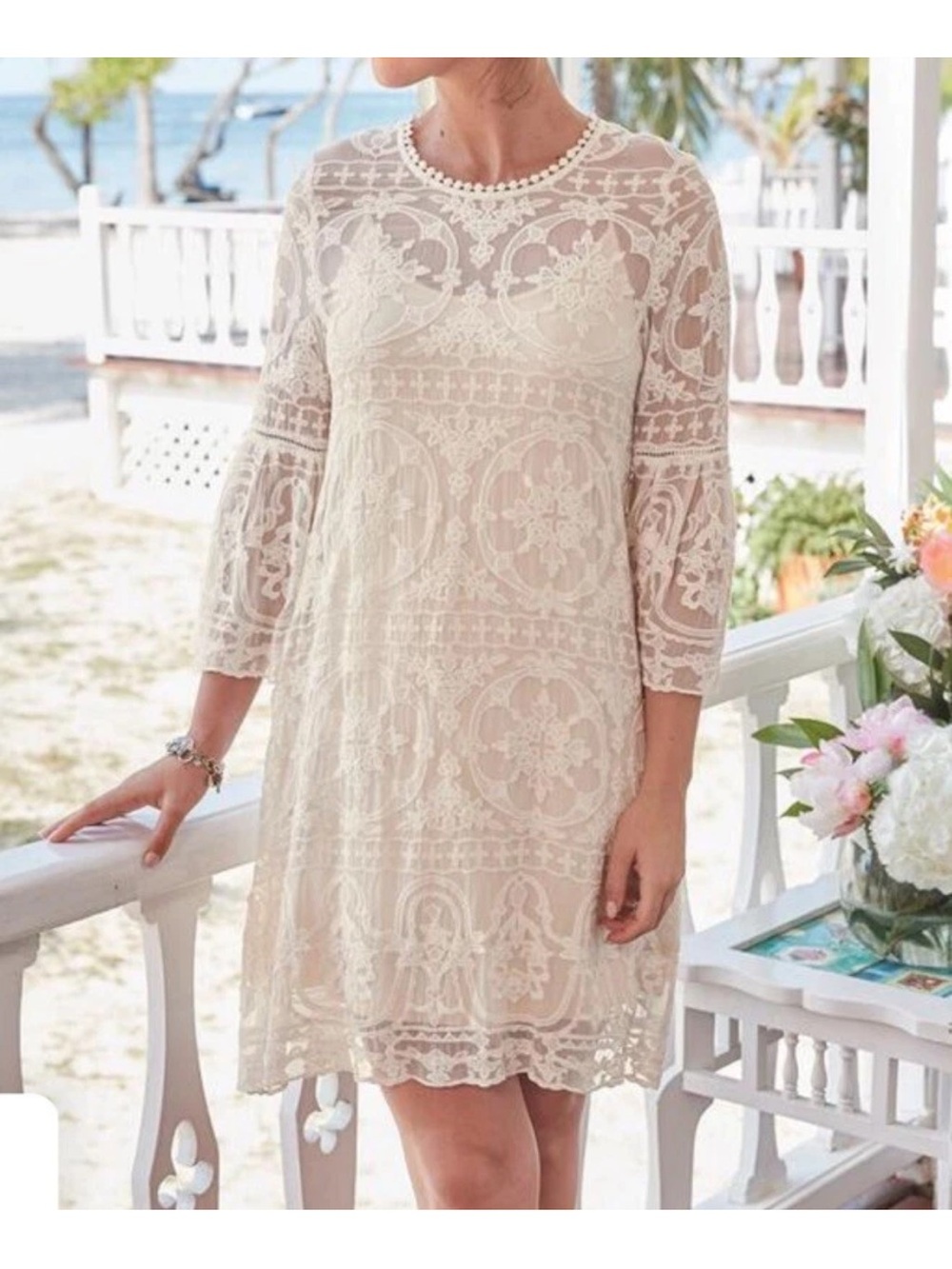 Sundance Embroidered Susannah Lace Overlay Dress 100% Silk White XS bell sleeve - Picture 2 of 7